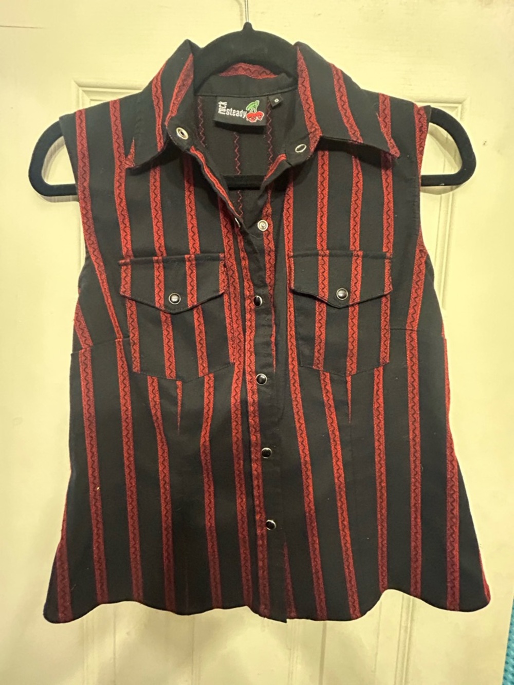 RockSteady Black and Red Striped Sleeveless Button-Down Top
